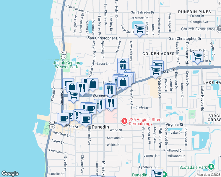 map of restaurants, bars, coffee shops, grocery stores, and more near 1042 Oak Street in Dunedin