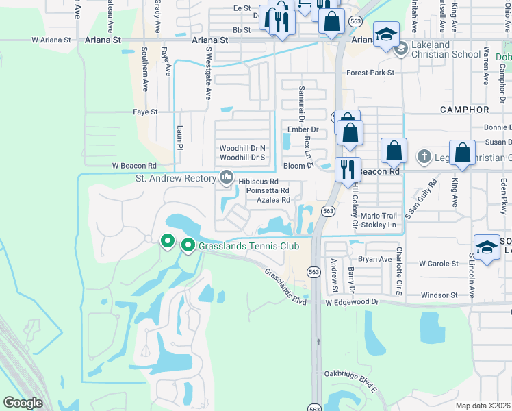map of restaurants, bars, coffee shops, grocery stores, and more near 20 Azalea Road in Lakeland