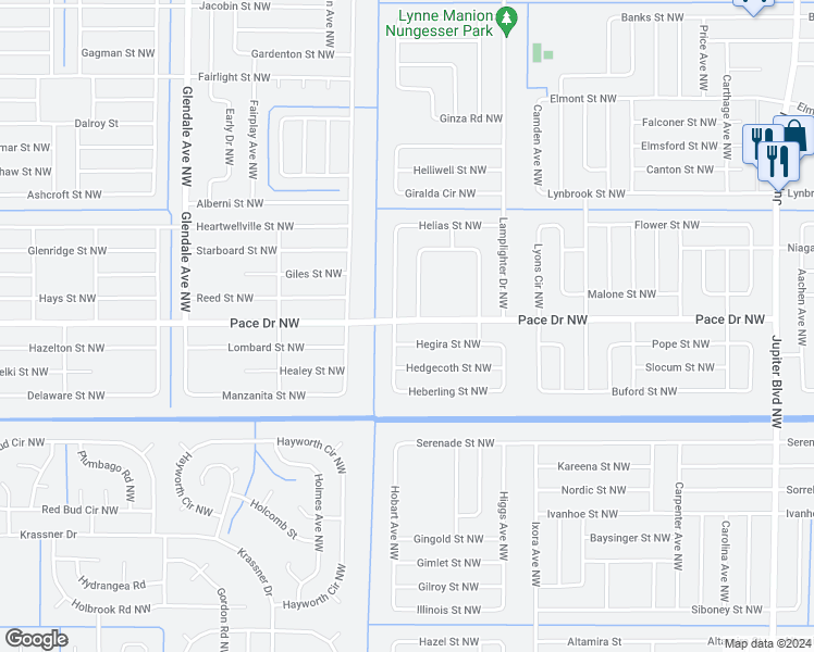 map of restaurants, bars, coffee shops, grocery stores, and more near 1376 Pace Drive Northwest in Palm Bay