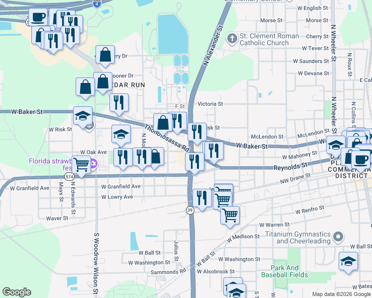 map of restaurants, bars, coffee shops, grocery stores, and more near 1501 Thonotosassa Road in Plant City