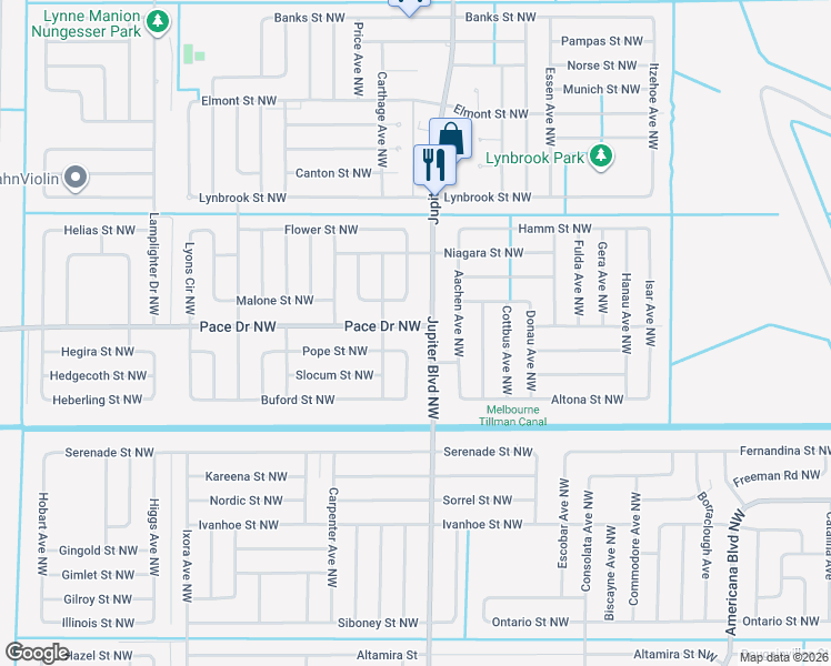 map of restaurants, bars, coffee shops, grocery stores, and more near 901 Pace Drive Northwest in Palm Bay