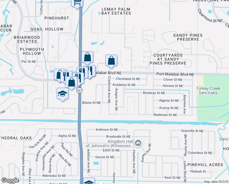 map of restaurants, bars, coffee shops, grocery stores, and more near 779 Cranbrook Avenue Northeast in Palm Bay