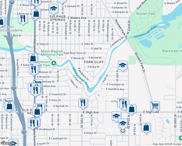 map of restaurants, bars, coffee shops, grocery stores, and more near 1613 East Linden Avenue in Tampa