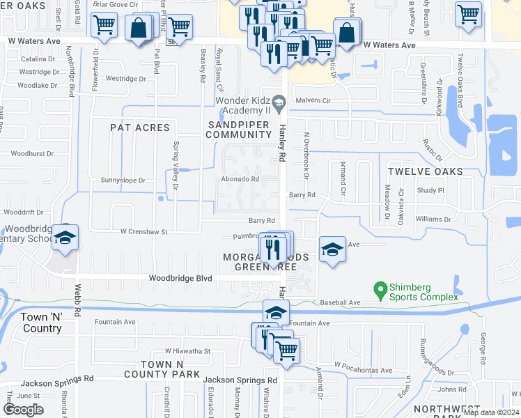 map of restaurants, bars, coffee shops, grocery stores, and more near 7502 Bolanos Court in Tampa