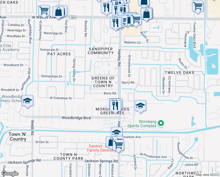 map of restaurants, bars, coffee shops, grocery stores, and more near in Town 'n' Country
