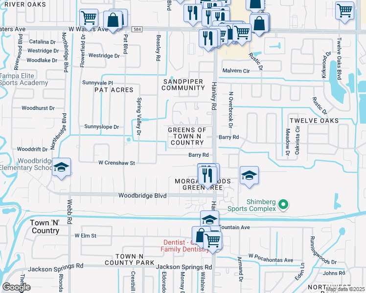 map of restaurants, bars, coffee shops, grocery stores, and more near 7549 Abonado Road in Tampa