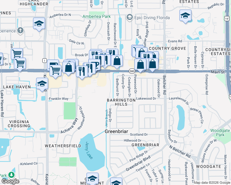 map of restaurants, bars, coffee shops, grocery stores, and more near 2617 Bellhurst Drive in Dunedin