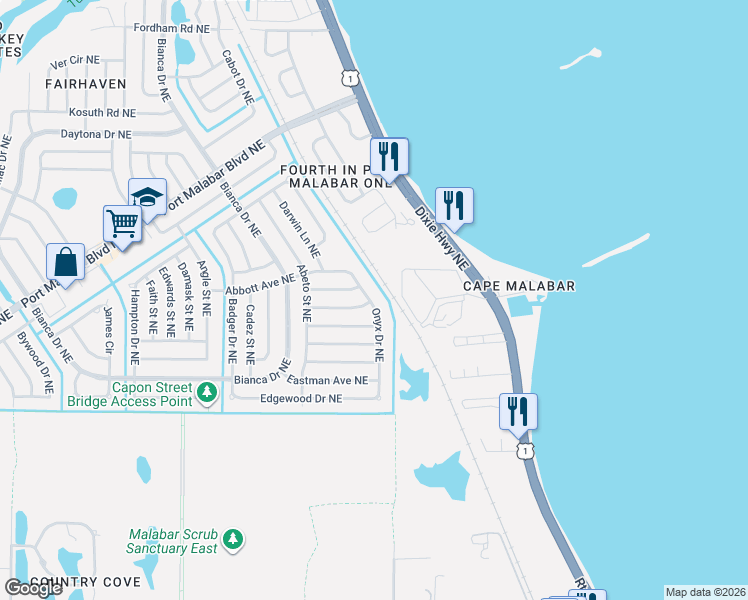 map of restaurants, bars, coffee shops, grocery stores, and more near 847 Onyx Drive Northeast in Palm Bay