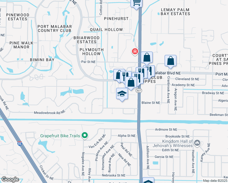 map of restaurants, bars, coffee shops, grocery stores, and more near 652 Cedar Side Circle Northeast in Palm Bay
