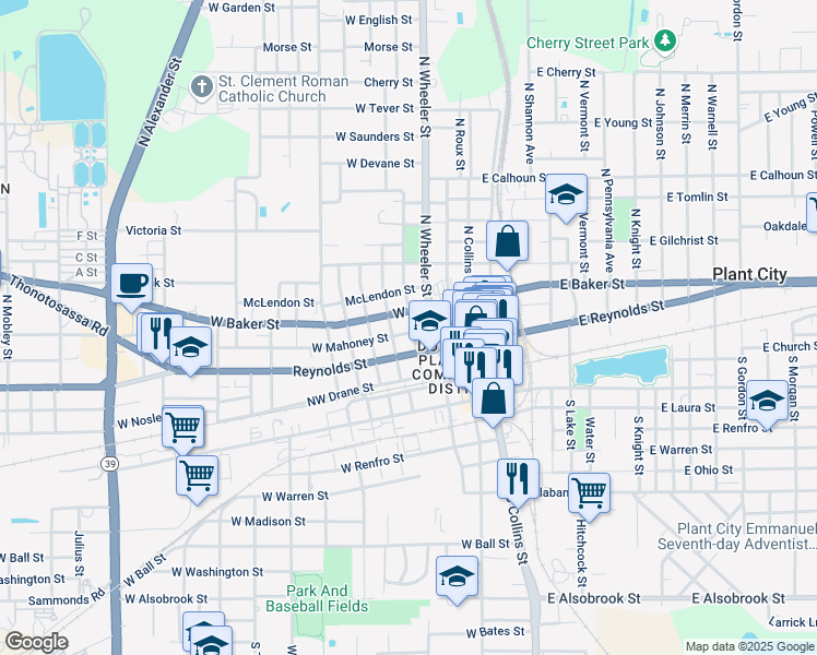 map of restaurants, bars, coffee shops, grocery stores, and more near 404 West Mahoney Street in Plant City