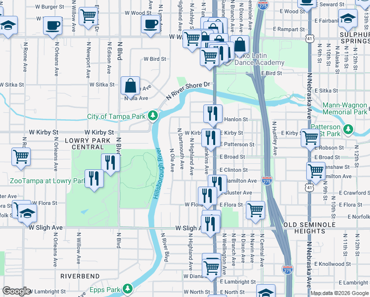 map of restaurants, bars, coffee shops, grocery stores, and more near 7510 North Dartmouth Avenue in Tampa