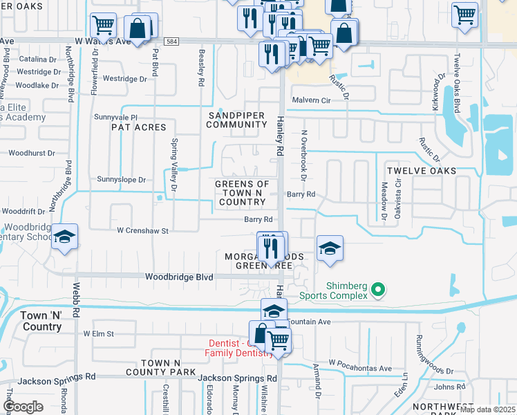 map of restaurants, bars, coffee shops, grocery stores, and more near in Town 'n' Country