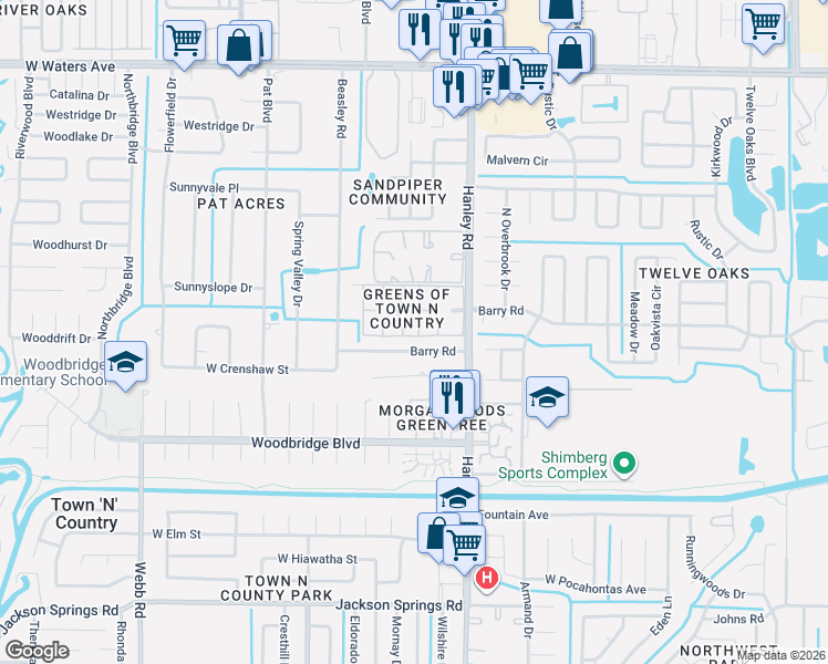 map of restaurants, bars, coffee shops, grocery stores, and more near in Town 'n' Country