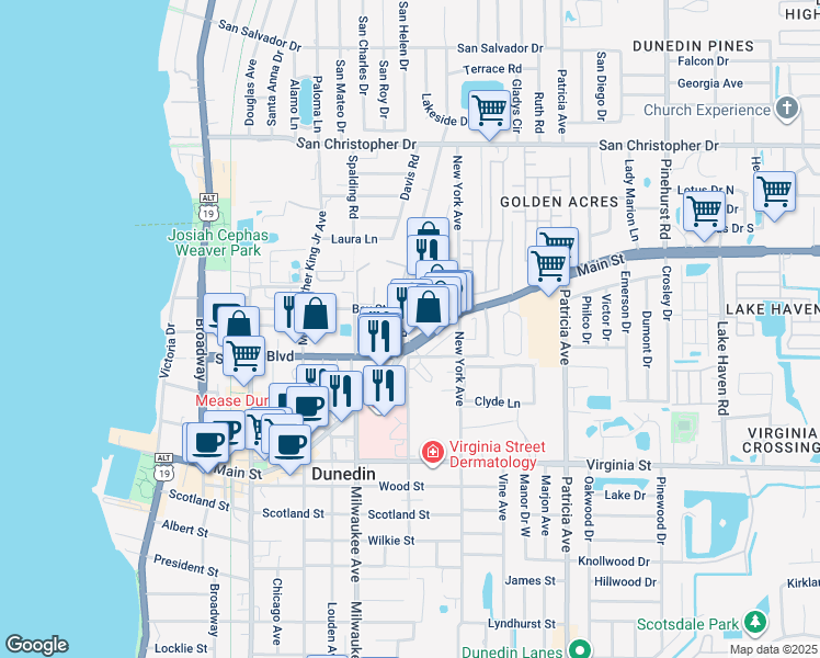 map of restaurants, bars, coffee shops, grocery stores, and more near 1036 Bass Boulevard in Dunedin