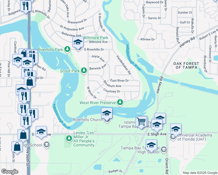 map of restaurants, bars, coffee shops, grocery stores, and more near 505 Broxburn Avenue in Tampa