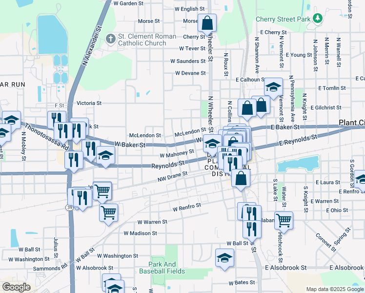 map of restaurants, bars, coffee shops, grocery stores, and more near 601 West Baker Street in Plant City