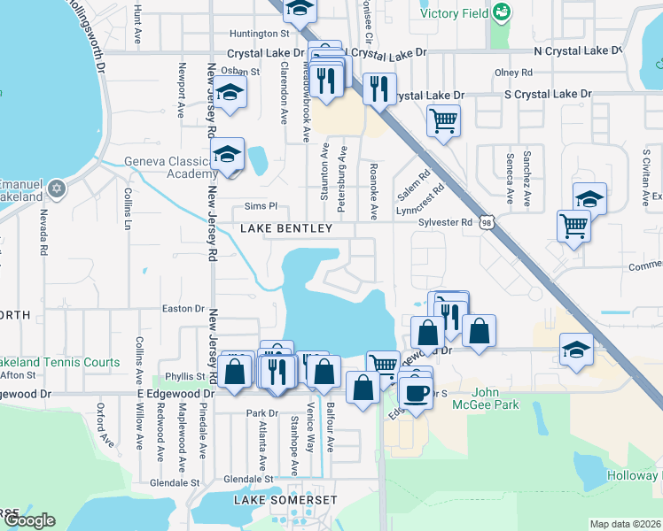 map of restaurants, bars, coffee shops, grocery stores, and more near 2215 Nottingham Road in Lakeland