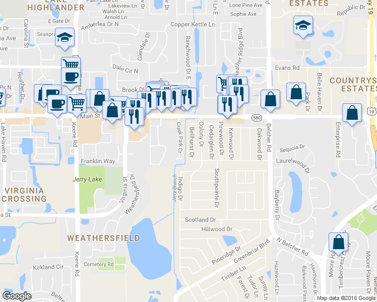 map of restaurants, bars, coffee shops, grocery stores, and more near 2617 Bellhurst Drive in Dunedin