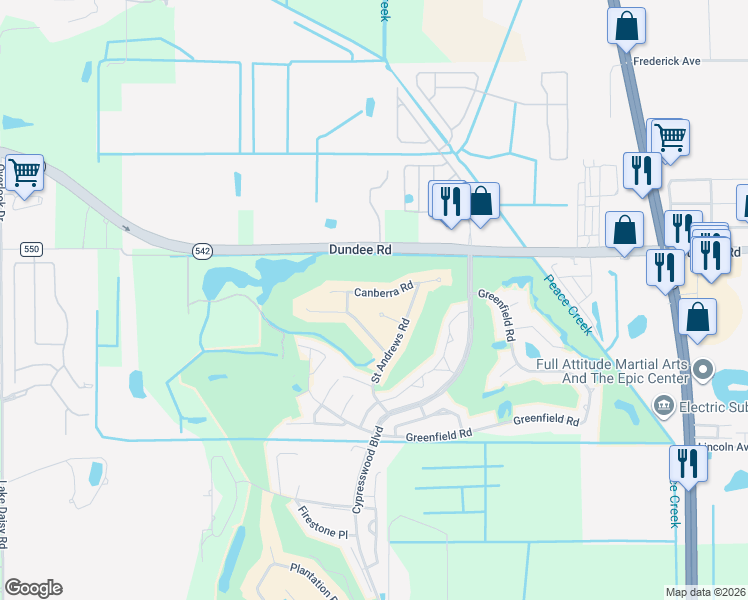 map of restaurants, bars, coffee shops, grocery stores, and more near 735 Canberra Road in Winter Haven
