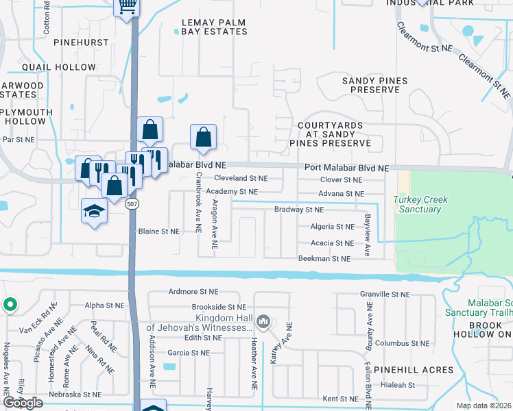 map of restaurants, bars, coffee shops, grocery stores, and more near 1937 Bradway Street Northeast in Palm Bay