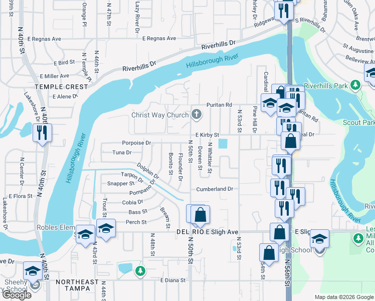 map of restaurants, bars, coffee shops, grocery stores, and more near 7131 Flounder Drive in Tampa