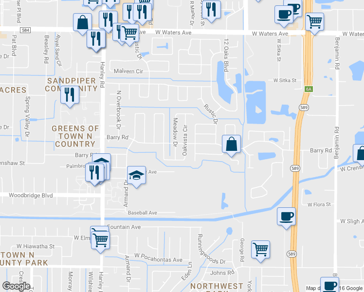 map of restaurants, bars, coffee shops, grocery stores, and more near 7440 Oakvista Circle in Tampa