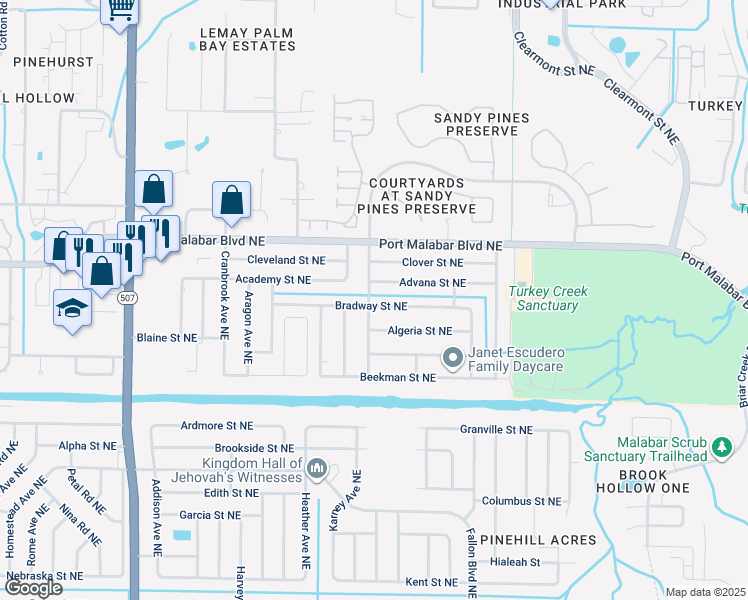 map of restaurants, bars, coffee shops, grocery stores, and more near 2005 Bradway Street Northeast in Palm Bay