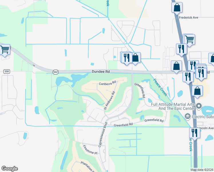 map of restaurants, bars, coffee shops, grocery stores, and more near 735 Canberra Road in Winter Haven