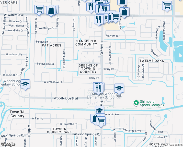 map of restaurants, bars, coffee shops, grocery stores, and more near in Town 'n' Country