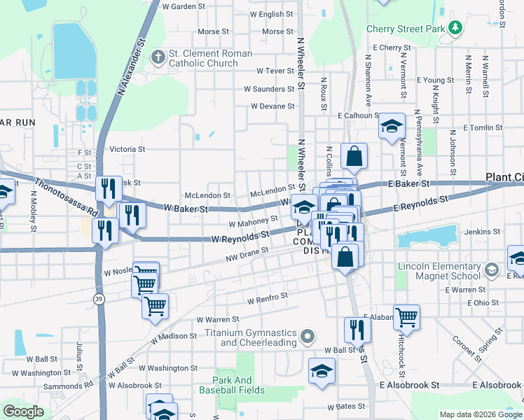map of restaurants, bars, coffee shops, grocery stores, and more near 601 West Baker Street in Plant City