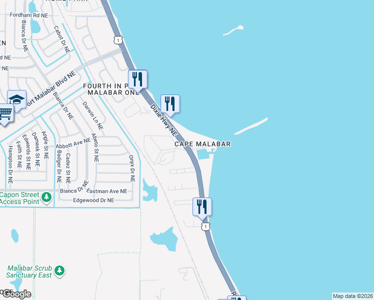 map of restaurants, bars, coffee shops, grocery stores, and more near 700 Wildbriar Road Northeast in Palm Bay