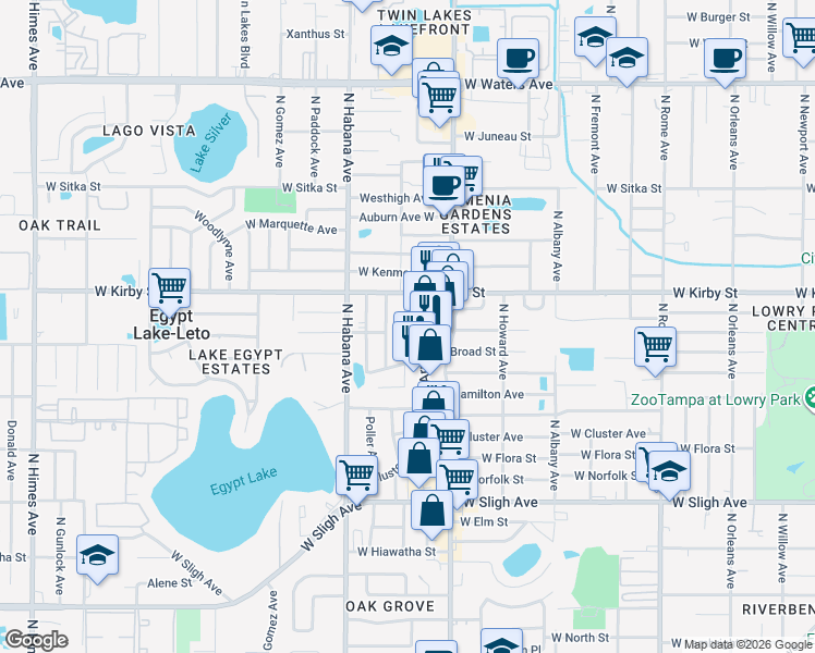 map of restaurants, bars, coffee shops, grocery stores, and more near 7506 North Saint Peter Avenue in Tampa