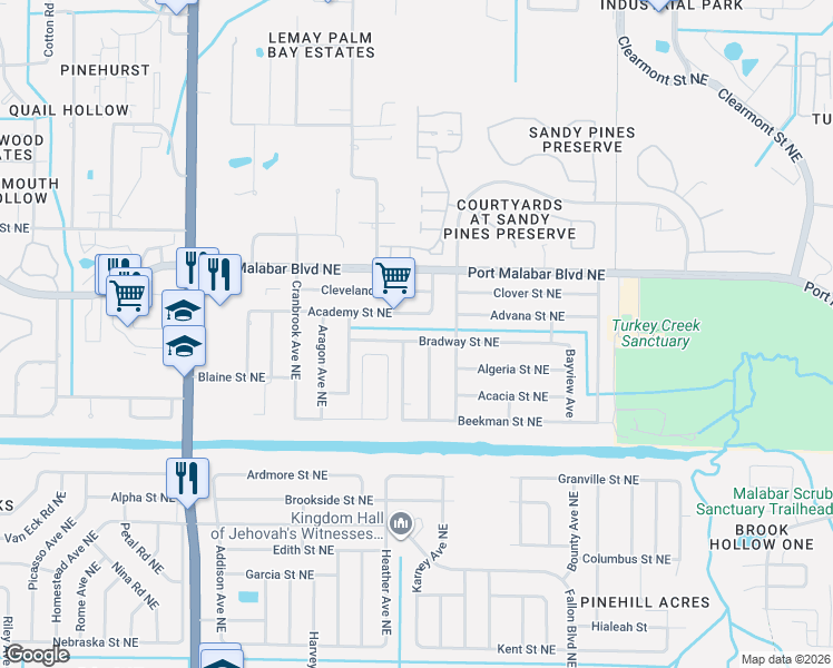 map of restaurants, bars, coffee shops, grocery stores, and more near 1973 Bradway Street Northeast in Palm Bay
