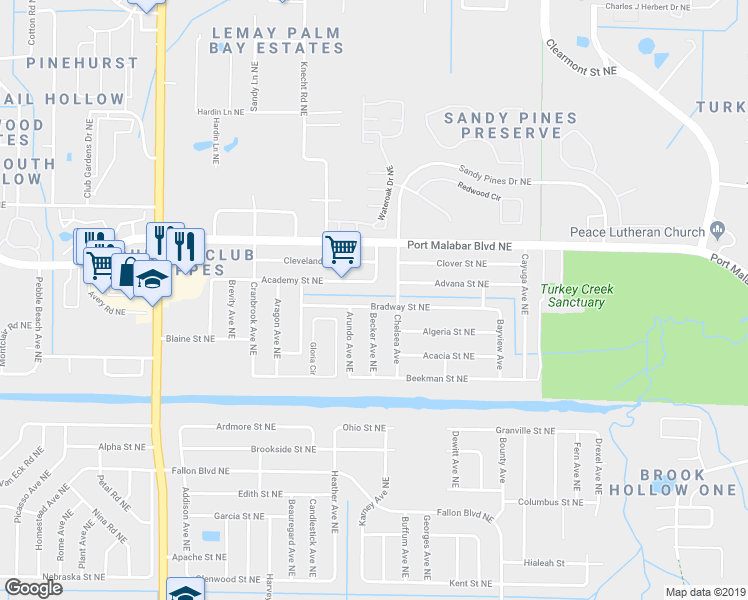 map of restaurants, bars, coffee shops, grocery stores, and more near 1973 Bradway Street Northeast in Palm Bay