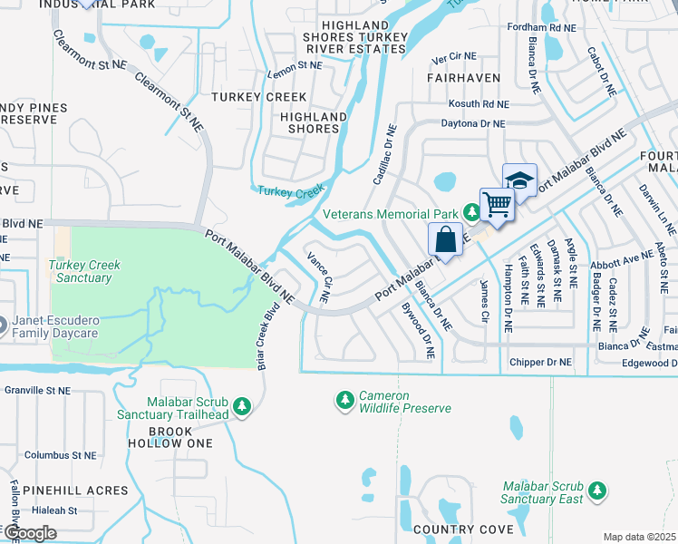 map of restaurants, bars, coffee shops, grocery stores, and more near 2625 Yalta Street Northeast in Palm Bay