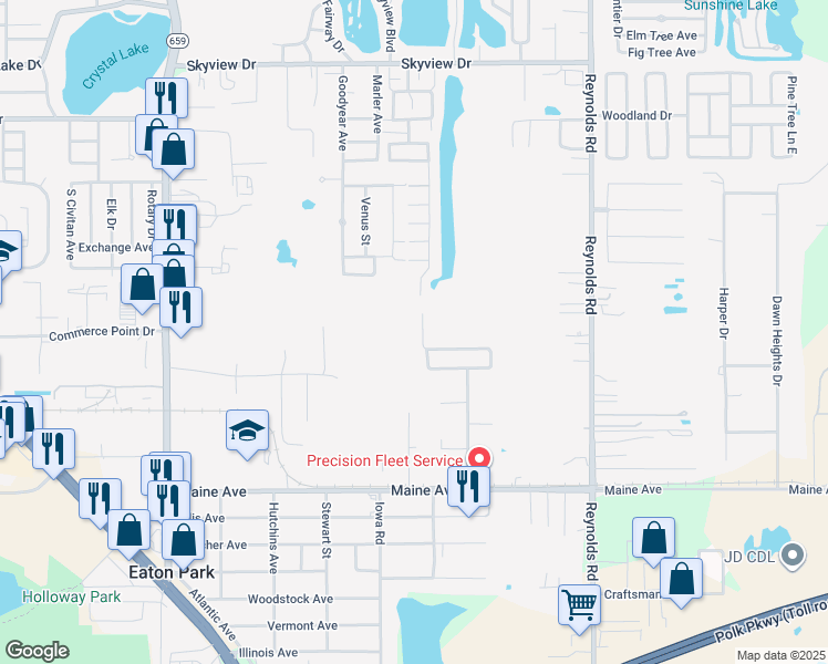 map of restaurants, bars, coffee shops, grocery stores, and more near 3046 Crystal Hills Drive in Lakeland