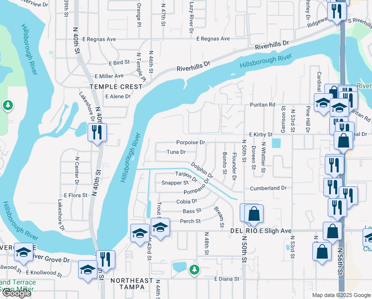 map of restaurants, bars, coffee shops, grocery stores, and more near 4426 Tuna Drive in Tampa