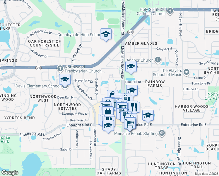 map of restaurants, bars, coffee shops, grocery stores, and more near 3040 Eastland Boulevard in Clearwater