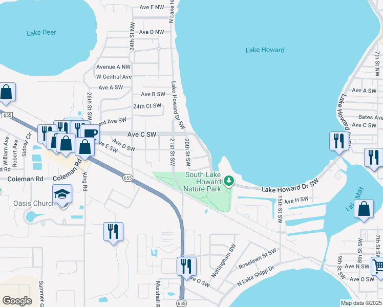 map of restaurants, bars, coffee shops, grocery stores, and more near 385 Lake Howard Drive Southwest in Winter Haven