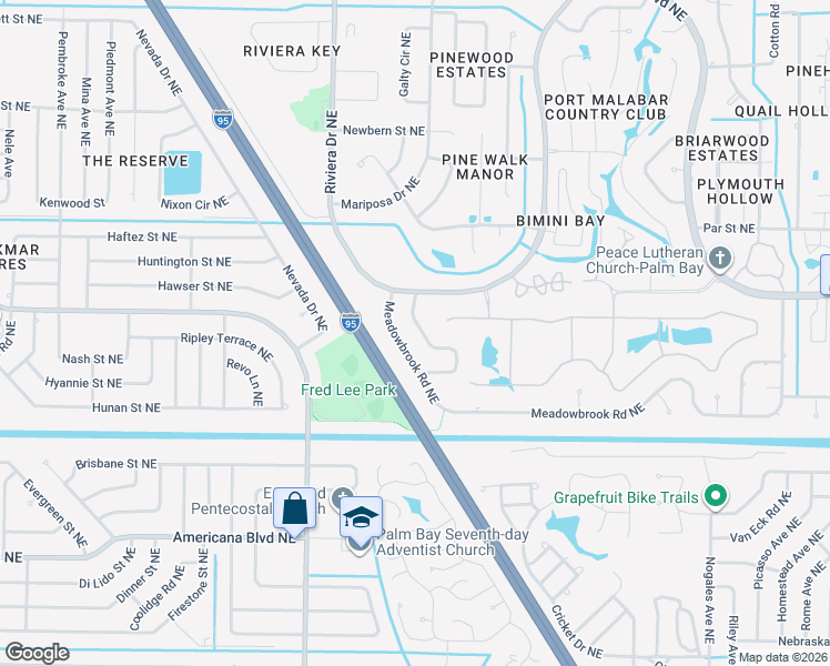 map of restaurants, bars, coffee shops, grocery stores, and more near 738 Seymour Road Northeast in Palm Bay