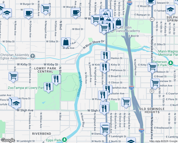 map of restaurants, bars, coffee shops, grocery stores, and more near 7510 North Dartmouth Avenue in Tampa