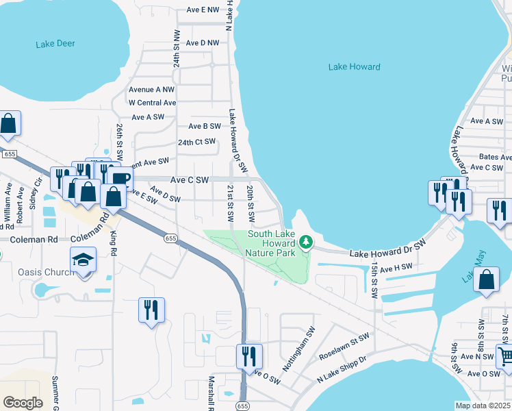 map of restaurants, bars, coffee shops, grocery stores, and more near 385 Lake Howard Drive Southwest in Winter Haven