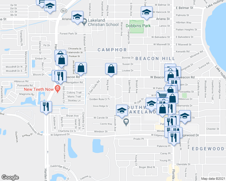 map of restaurants, bars, coffee shops, grocery stores, and more near 2216 King Avenue in Lakeland