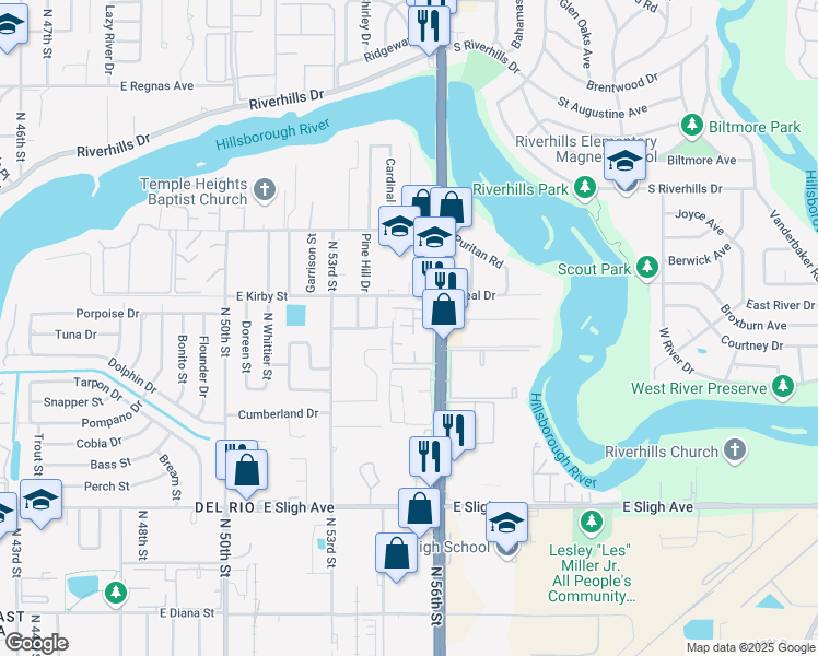map of restaurants, bars, coffee shops, grocery stores, and more near 7507 Pitch Pine Circle in Tampa