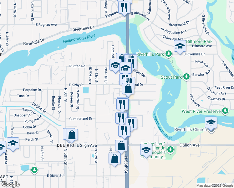 map of restaurants, bars, coffee shops, grocery stores, and more near 7507 Pitch Pine Circle in Tampa