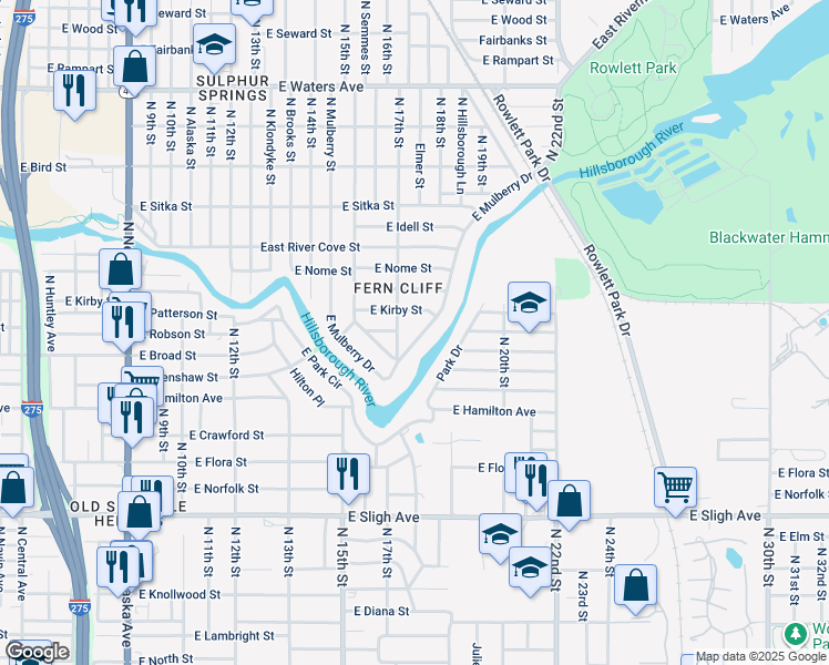 map of restaurants, bars, coffee shops, grocery stores, and more near 1720 East Mulberry Drive in Tampa