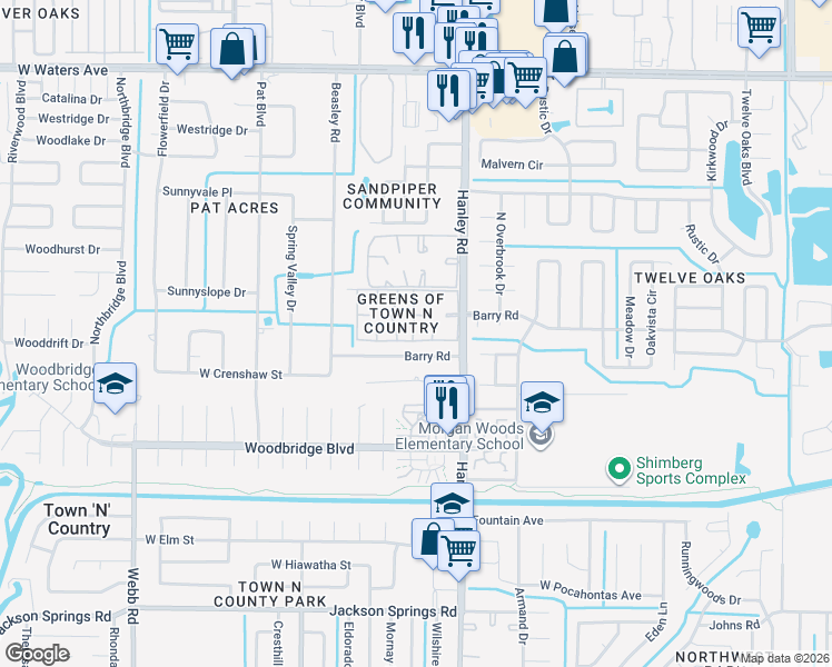 map of restaurants, bars, coffee shops, grocery stores, and more near in Town 'n' Country