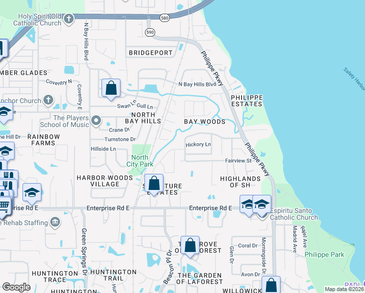 map of restaurants, bars, coffee shops, grocery stores, and more near 54 Bay Woods Drive in Safety Harbor