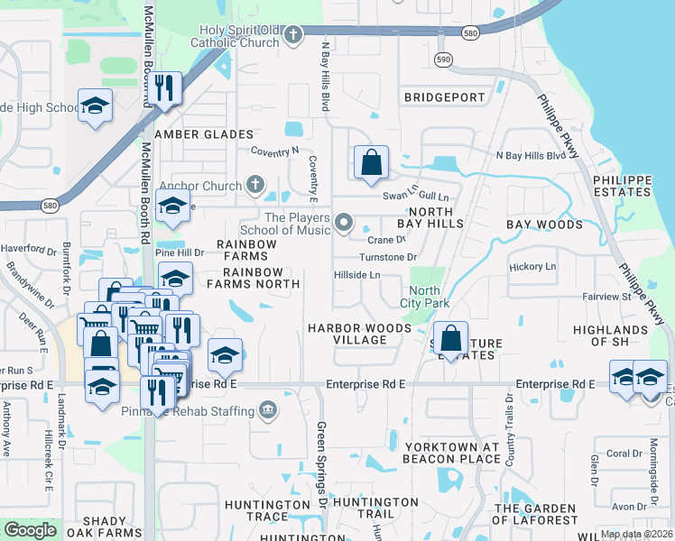 map of restaurants, bars, coffee shops, grocery stores, and more near 3128 Hillside Lane in Safety Harbor