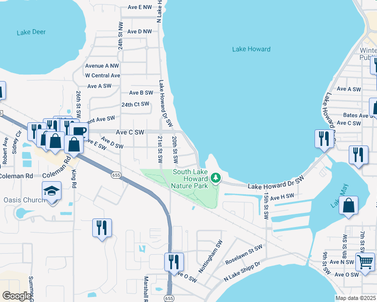 map of restaurants, bars, coffee shops, grocery stores, and more near 385 Lake Howard Drive Southwest in Winter Haven